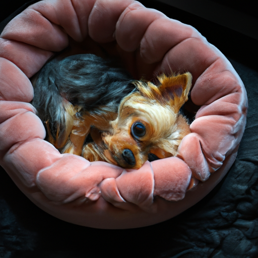 כלב קטן ומקסים מכורבל בנוחות על מיטת קטיפה